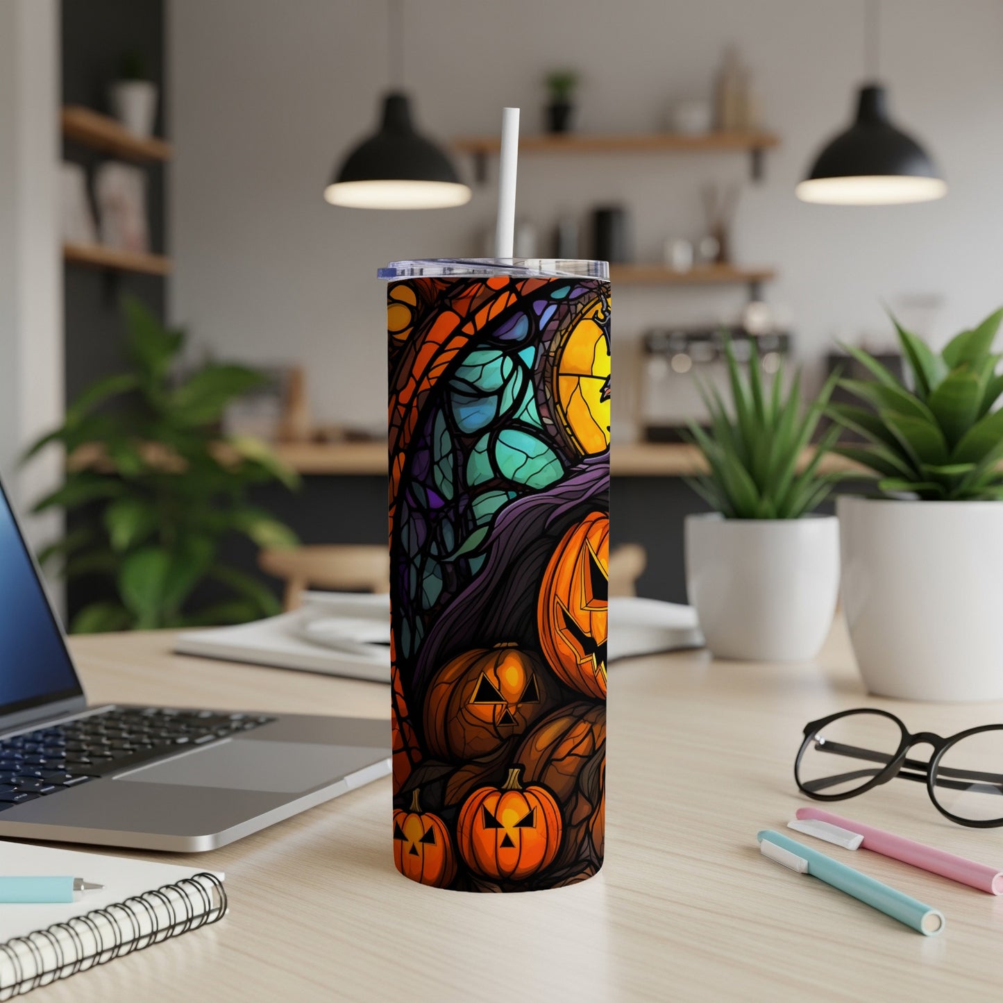 Tall tumbler with Halloween pumpkins and stained-glass style artwork.