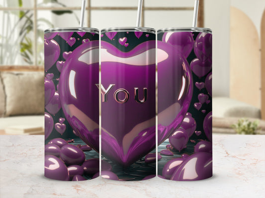 Purple heart tumbler with "YOU" embossed on the front.