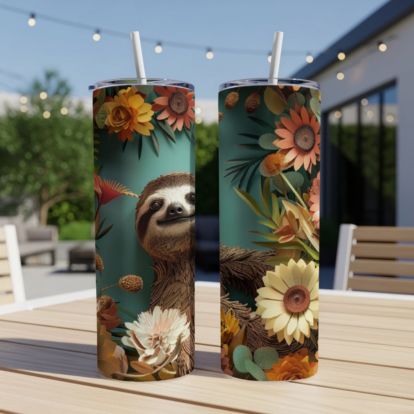 Two sloths on tumblers with floral and leafy designs.