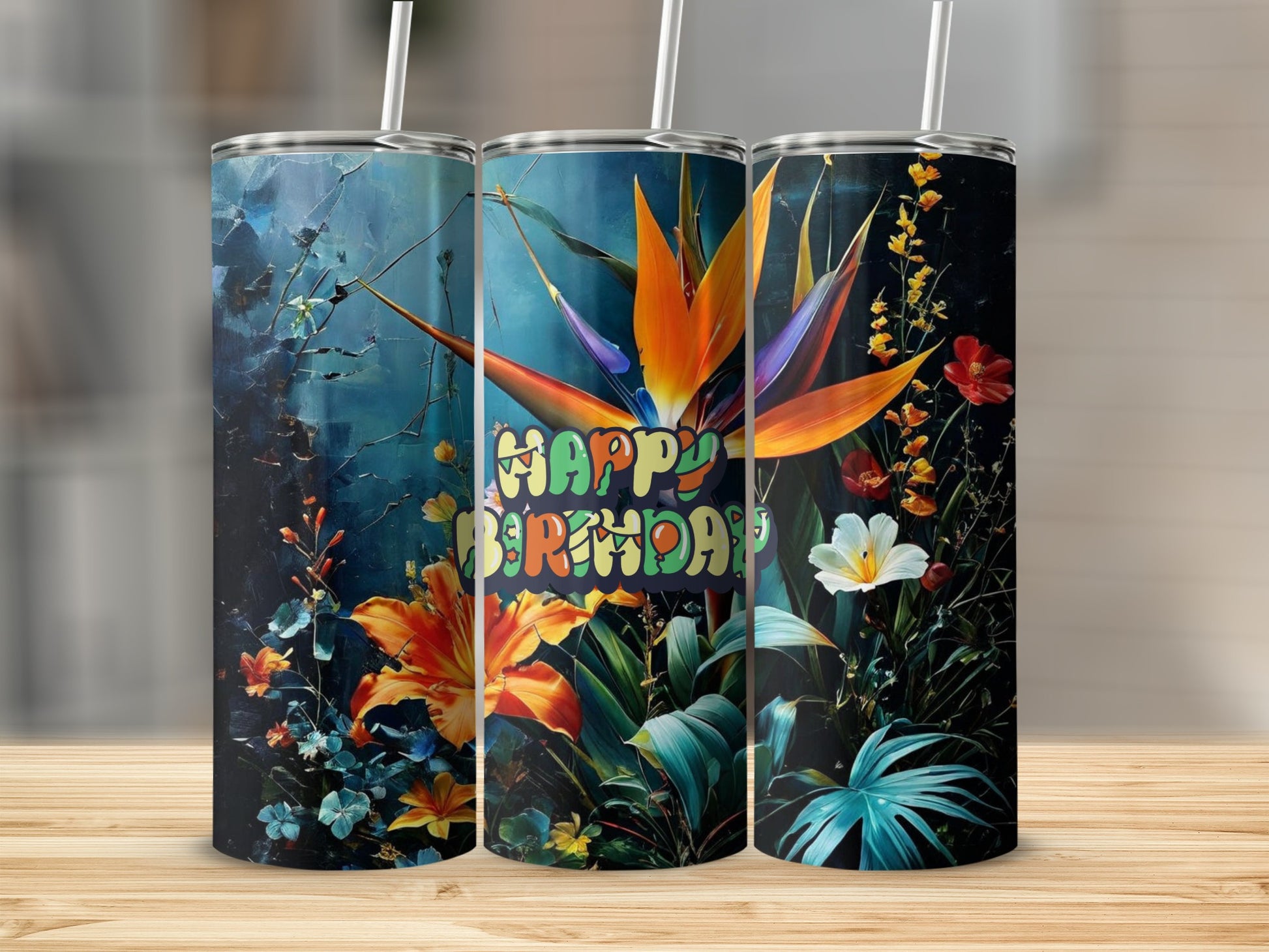 Three tumblers with a colorful floral design and "Happy Birthday" text.