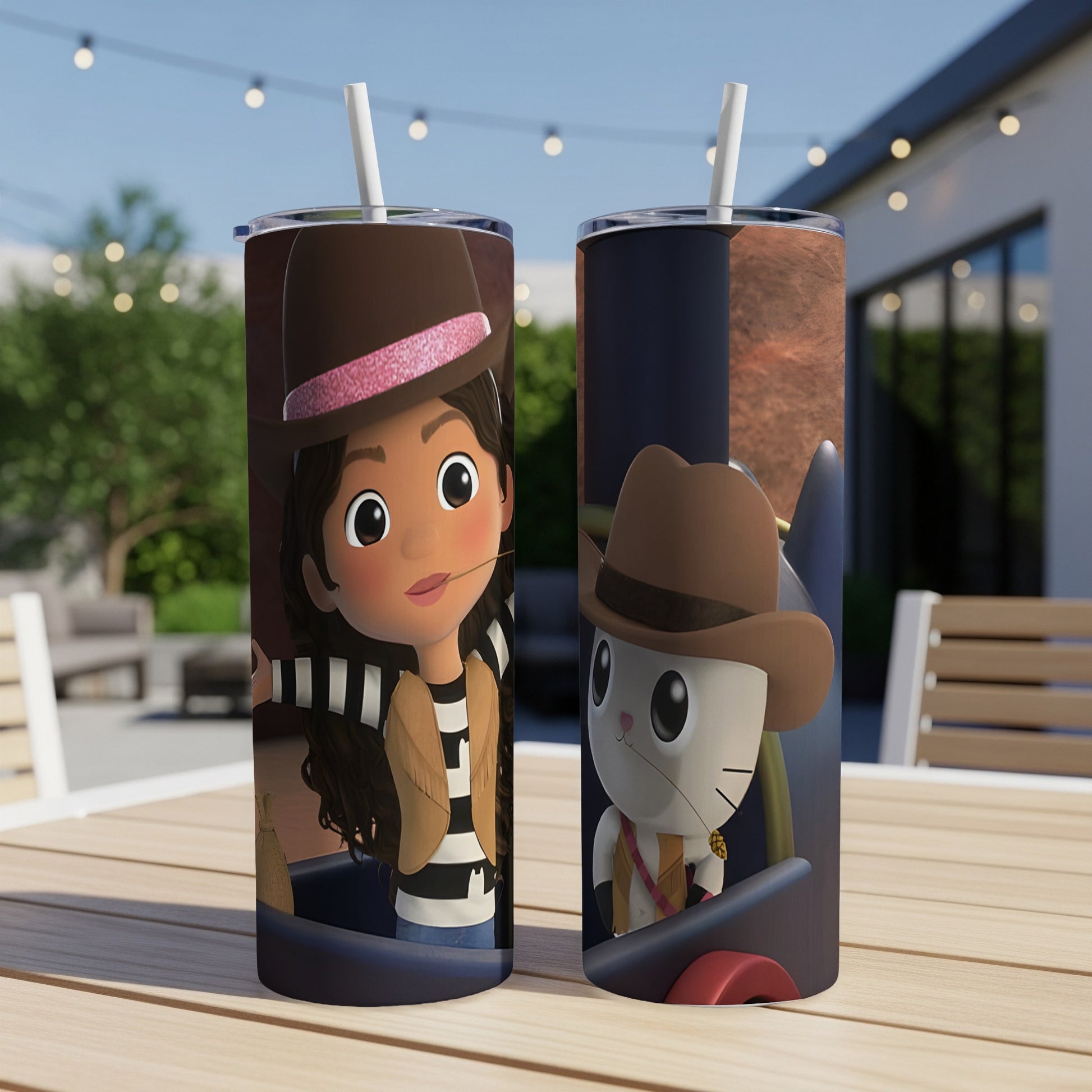 Two tumblers featuring cartoon characters: a girl in a hat and a cat in a cowboy hat.