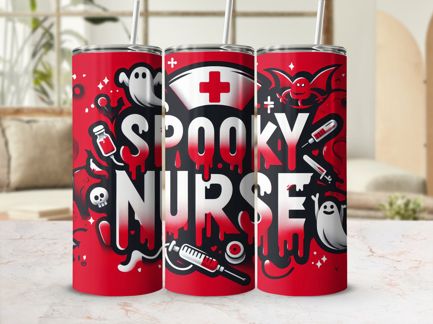 Red tumbler with "SPOOKY NURSE" text and Halloween-themed graphics.