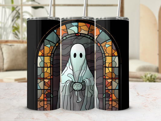 Ghost in stained glass window tumbler with straw.
