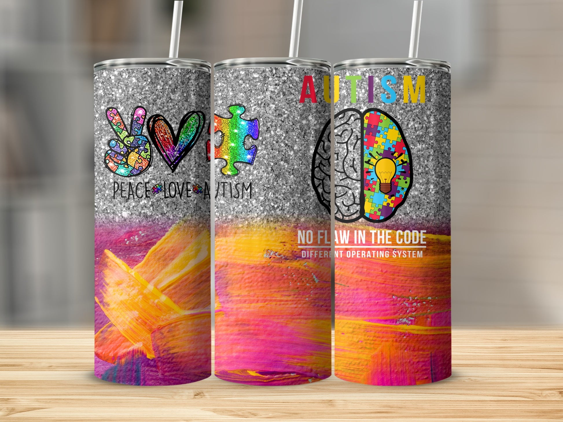 Glitter tumbler with "Autism" and "Peace Love Autism" text and puzzle brain design.