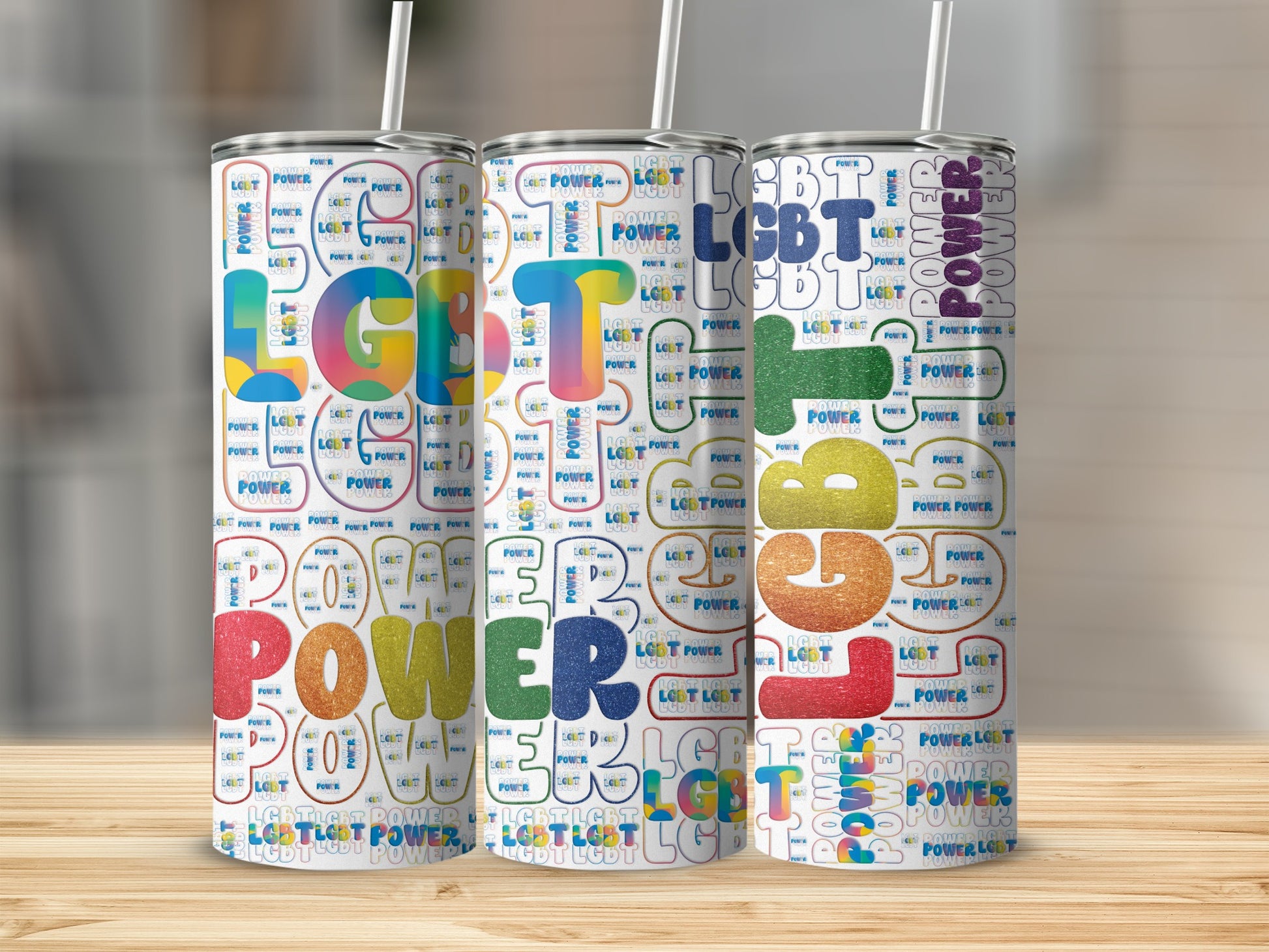 Tumbler with repeating rainbow LGBT "POWER" text pattern.