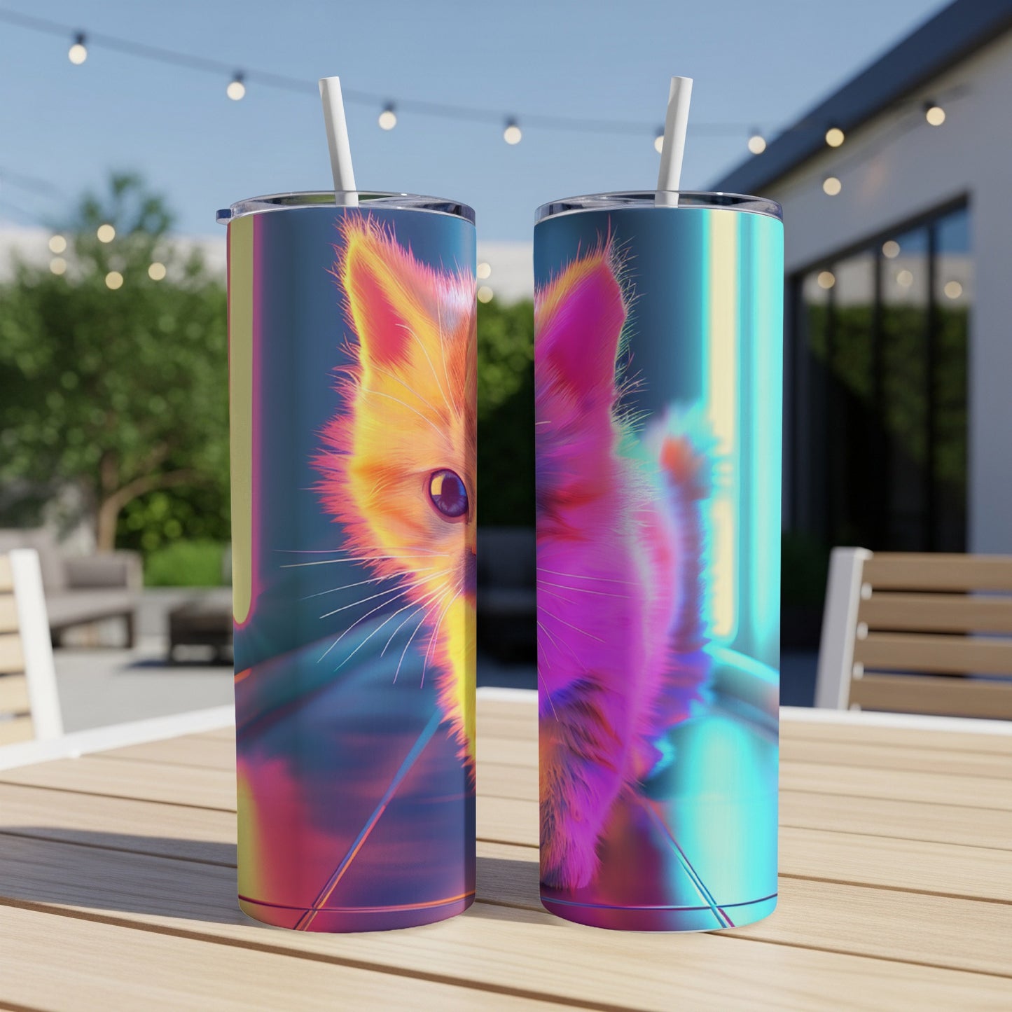 Two tumblers with a vibrant neon cat illustration, on a wooden table.
