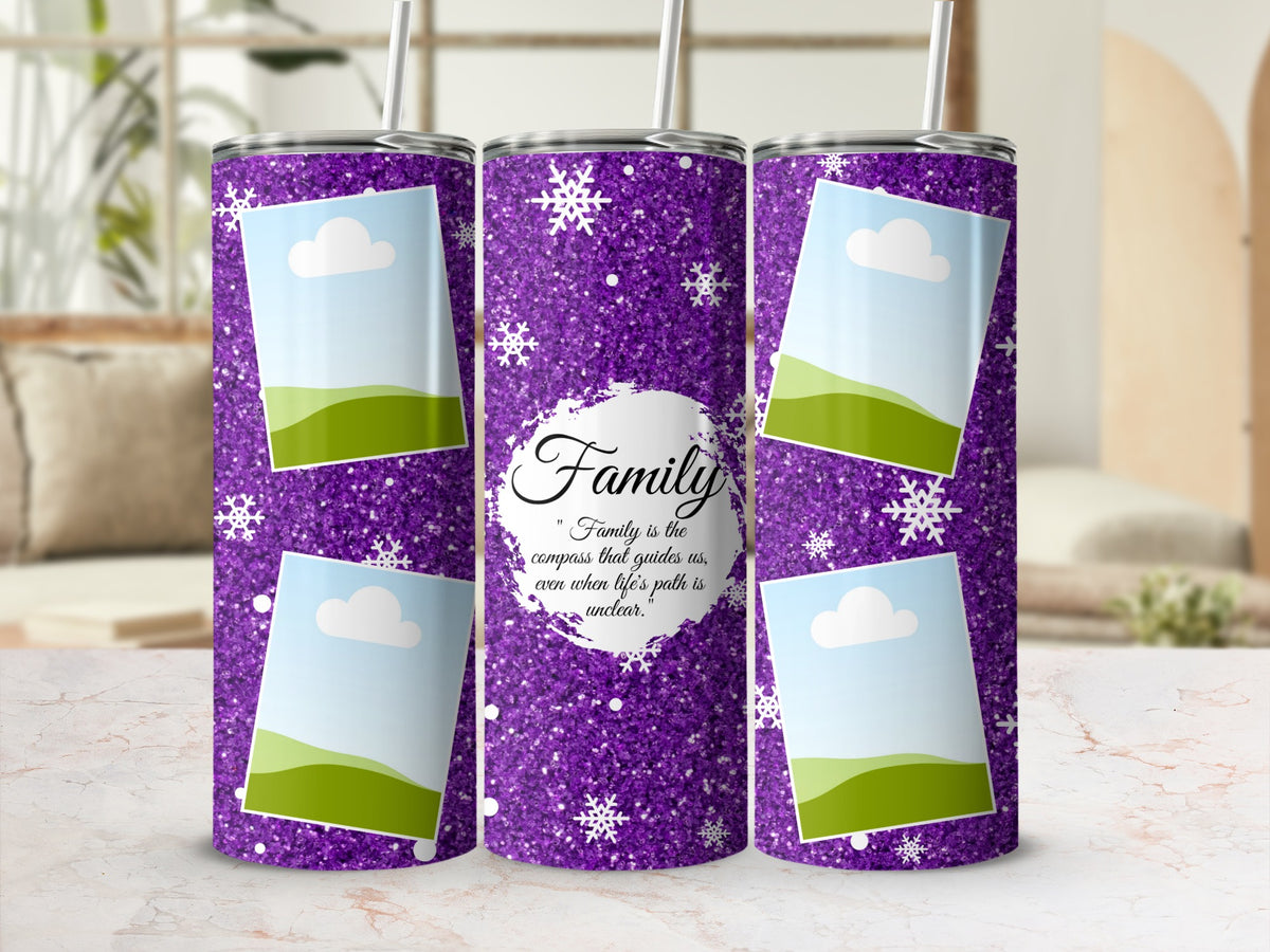 Purple glitter tumbler with snowflakes and framed landscape photos.