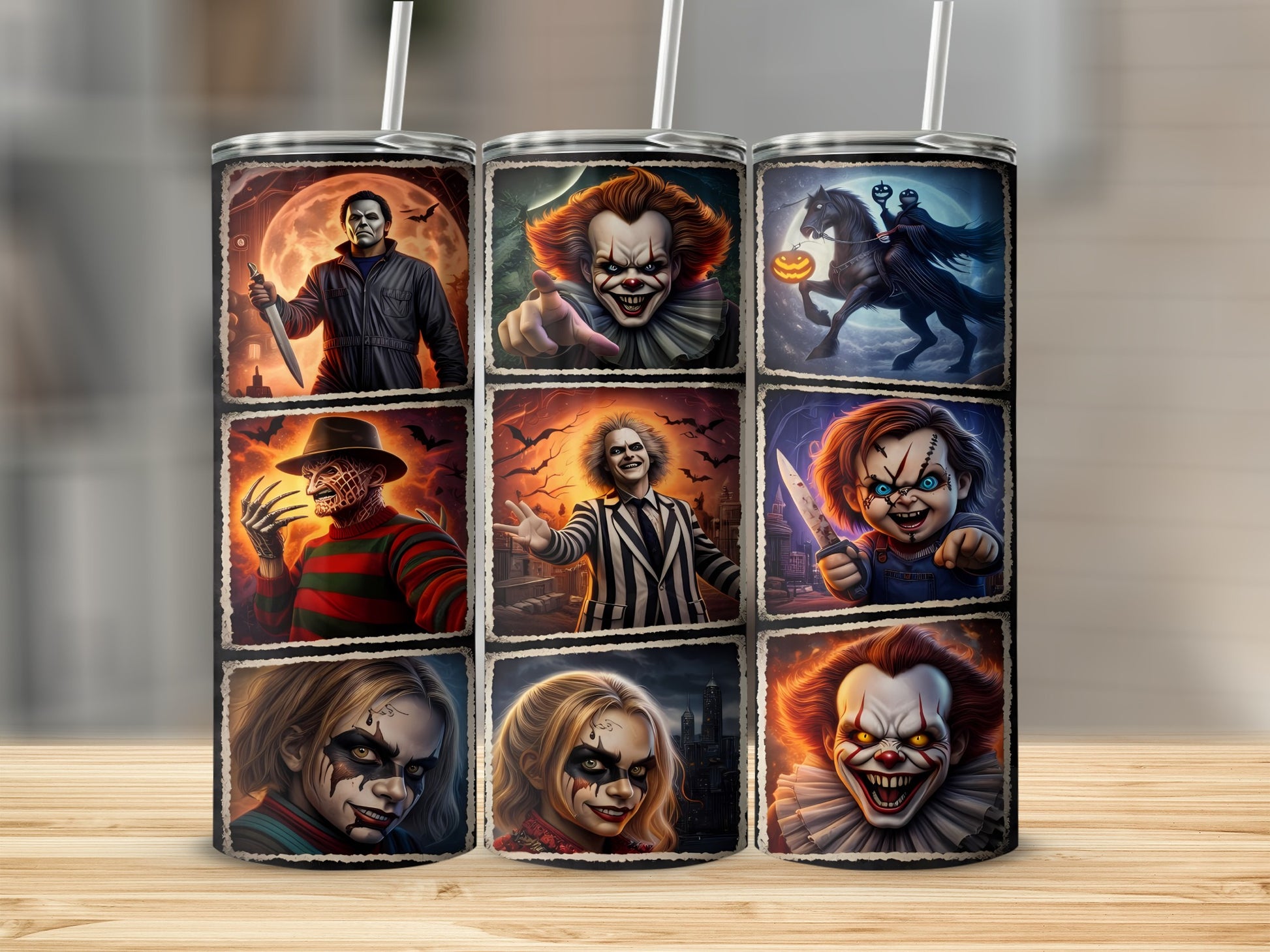 Tumbler featuring grid of horror movie characters including Michael Myers, Pennywise, and Chucky.