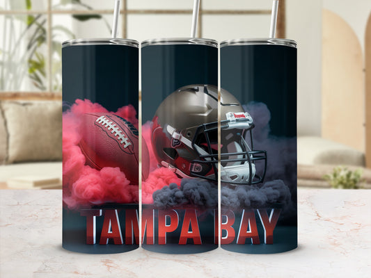 Tampa Bay Buccaneers football helmet and ball with smoke.