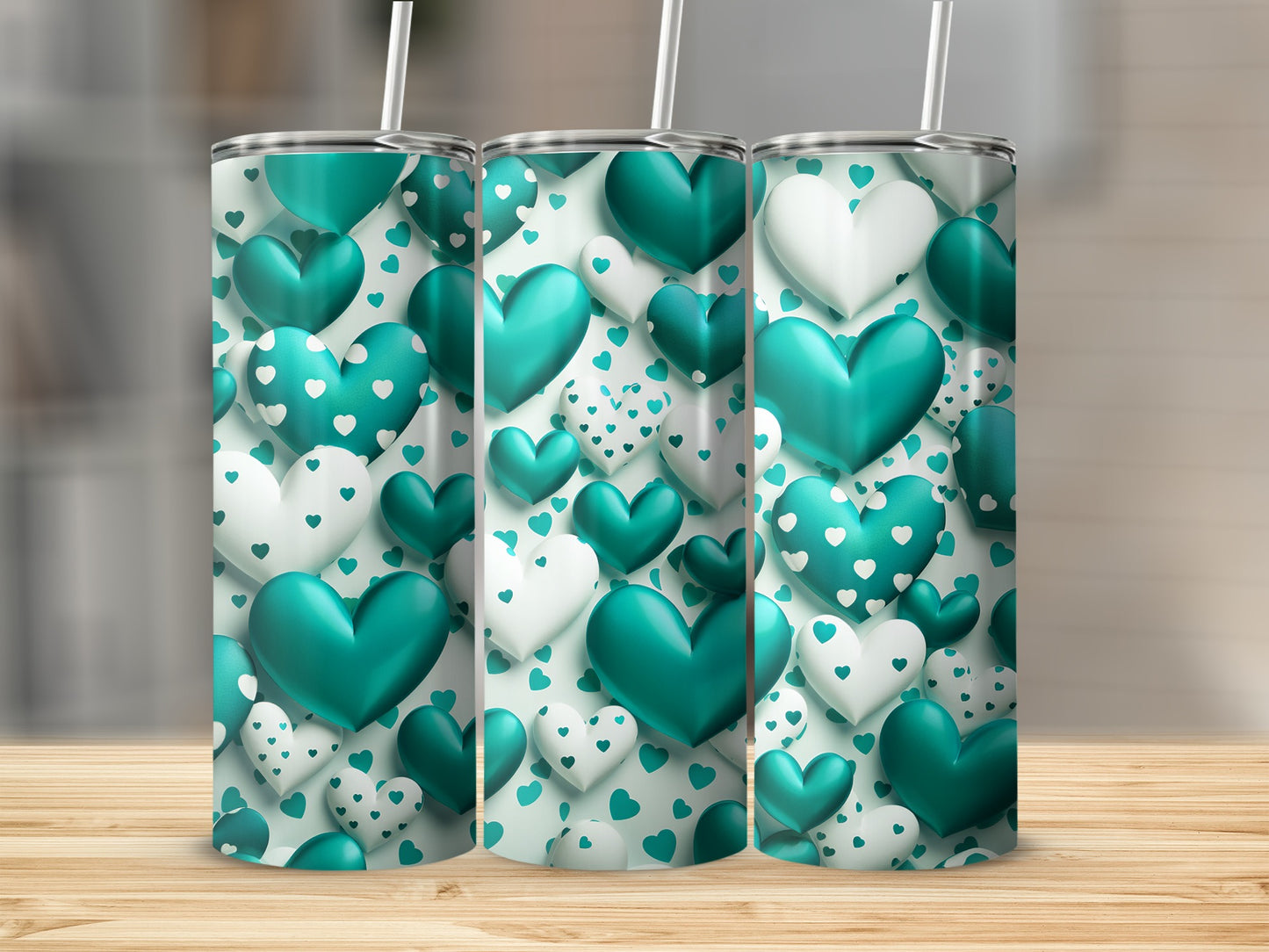 Teal and White Hearts Pattern Travel Tumbler