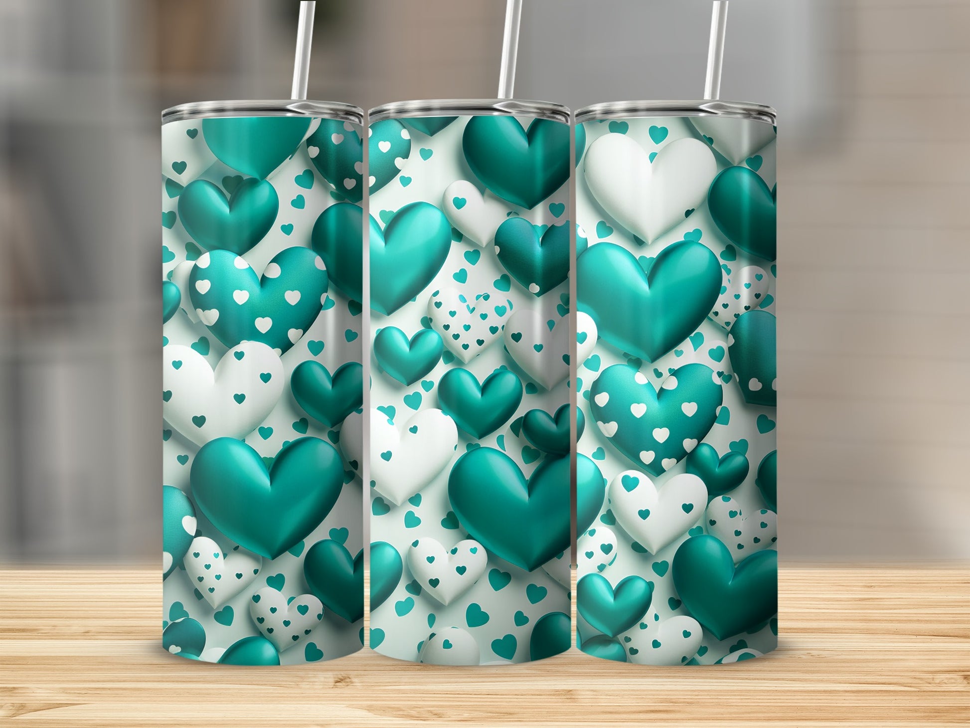 Teal and White Hearts Pattern Travel Tumbler