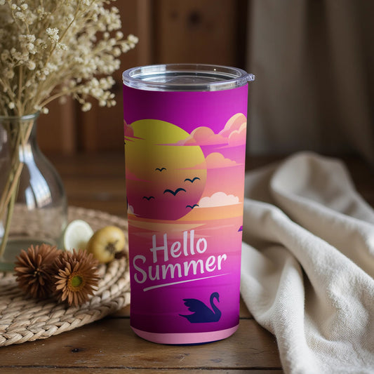 Hello Summer Tumbler with Sunset and Birds Design