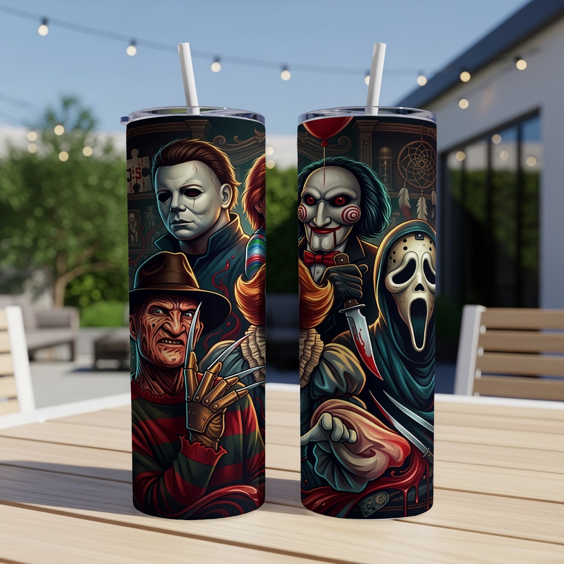 Two tumblers featuring horror movie characters Freddy Krueger, Michael Myers, Jigsaw, and Ghostface.
