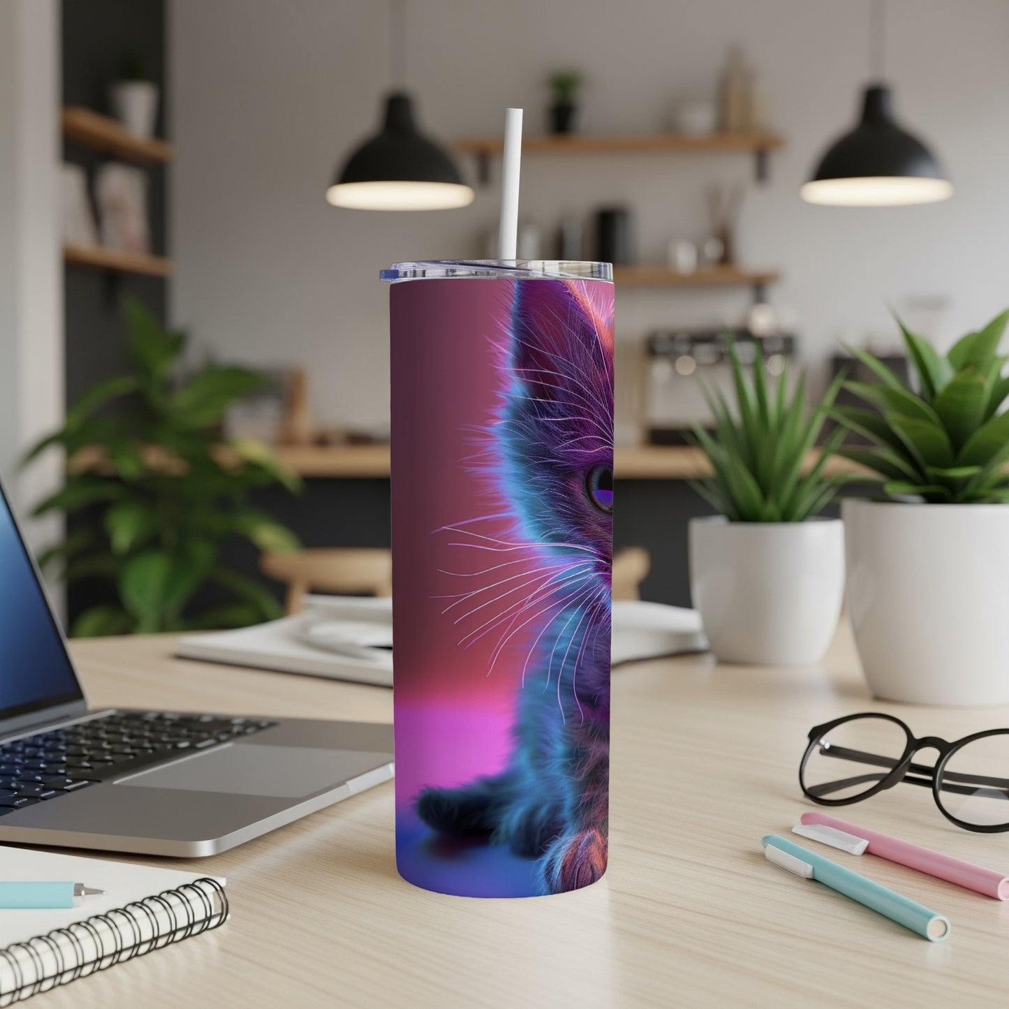 Purple and blue glowing kitten art on a stainless steel tumbler.