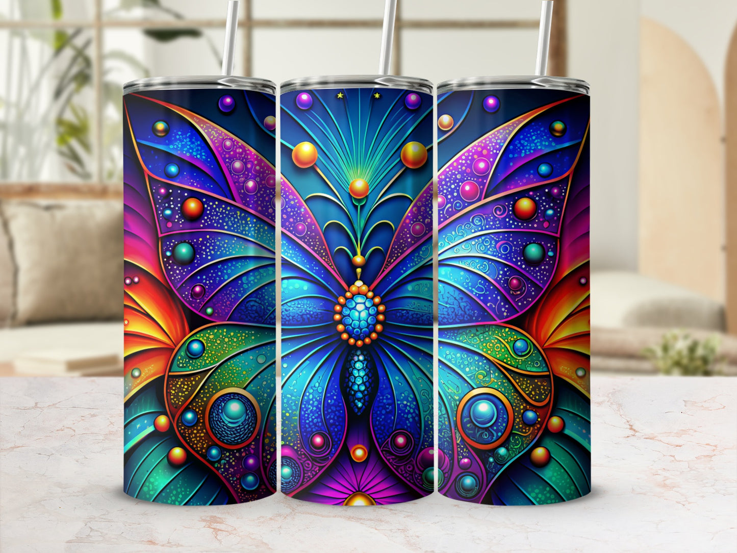 Vibrant Multicolor Butterfly Print Tumbler
