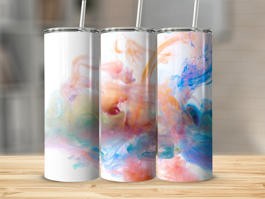 Three tumblers with abstract colorful ink swirls, presented on a wooden surface.