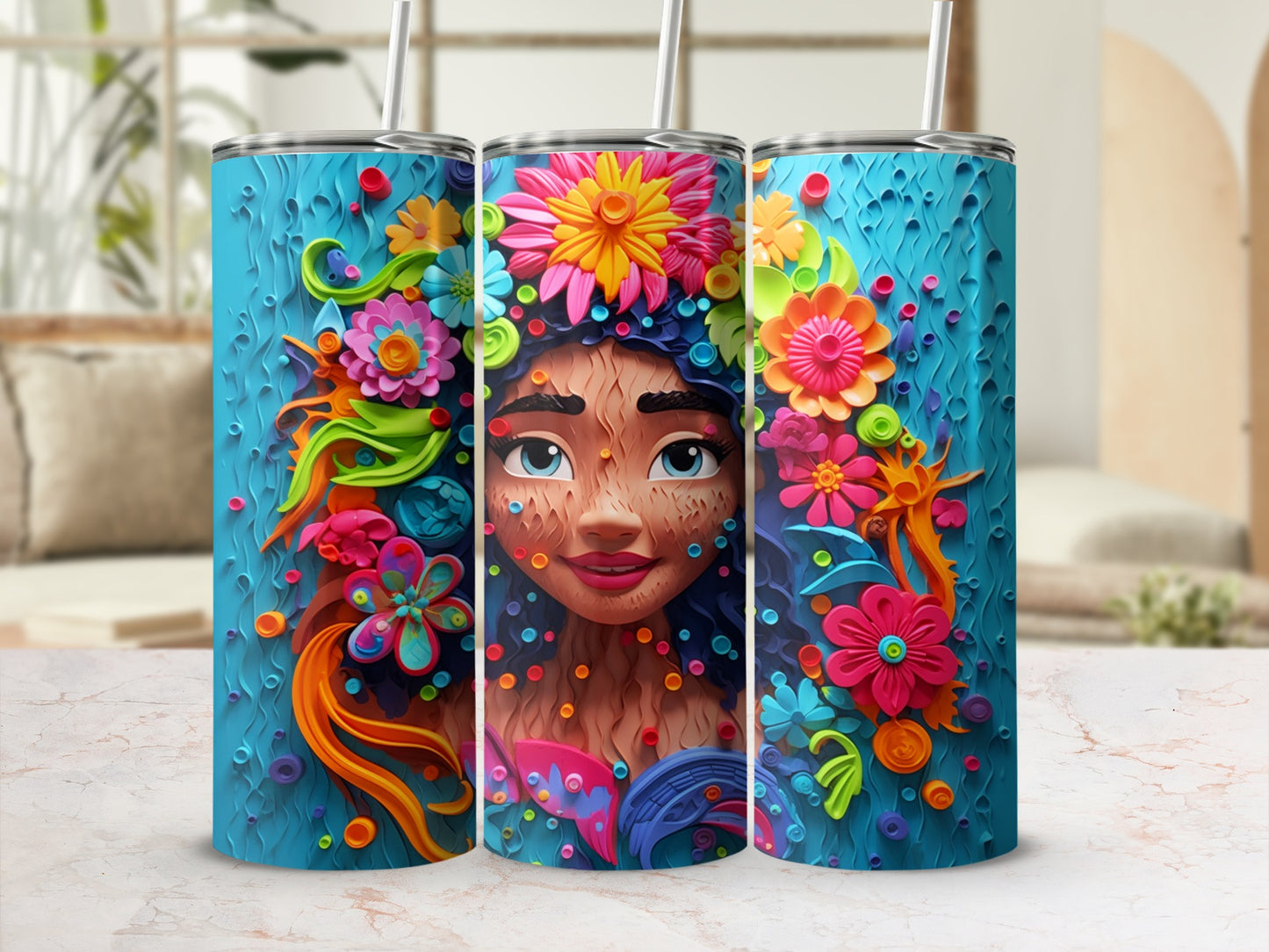 Colorful Floral and Face Art Inspired Tumbler Design