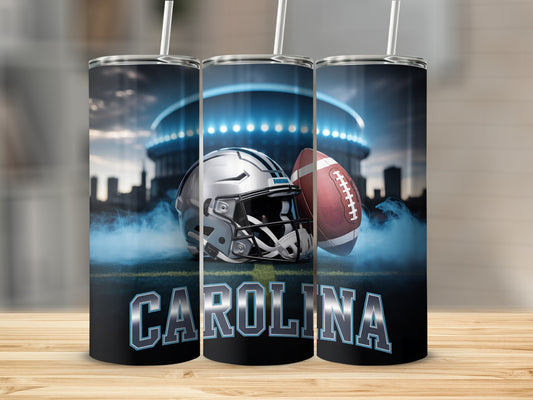 Carolina Panthers helmet and football with stadium in background.