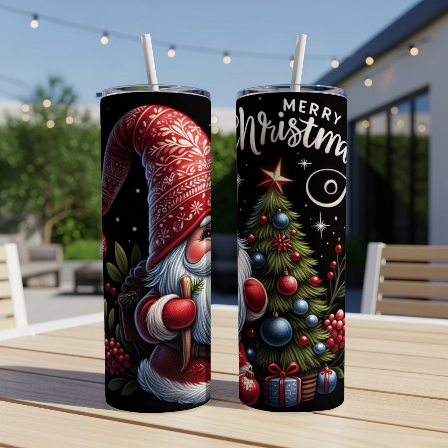 Two tumblers depicting Santa Claus and a Christmas tree with presents.