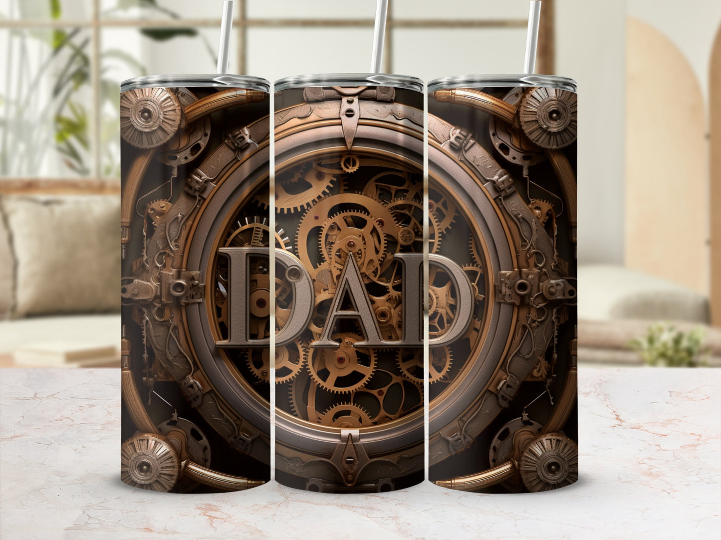 Steampunk tumbler with intricate gears and "DAD" text.