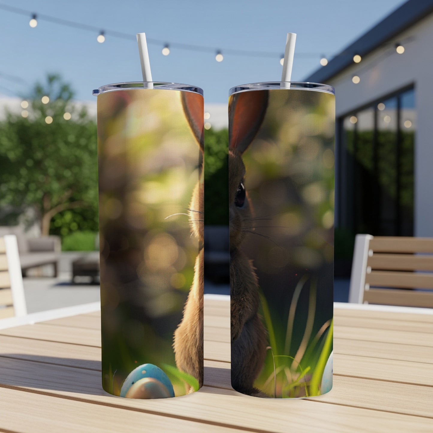 Two tumblers featuring a close-up of a rabbit's face and Easter eggs.