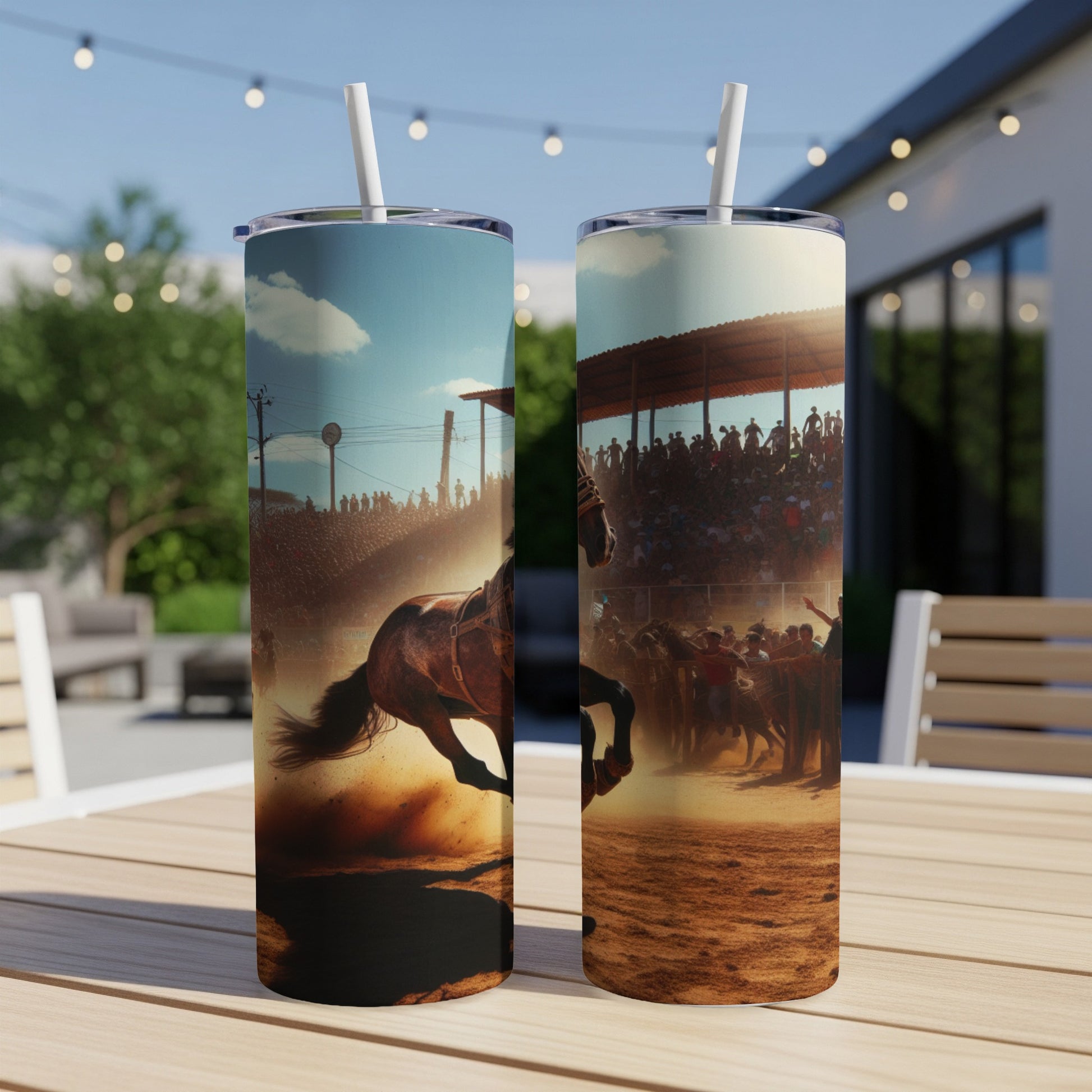 Two tumblers featuring a rodeo scene with a horse kicking up dust.
