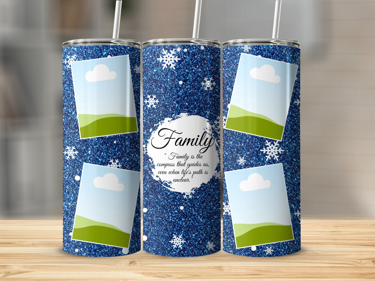Blue glitter tumbler with snowflakes, photo frames, and "Family" quote.