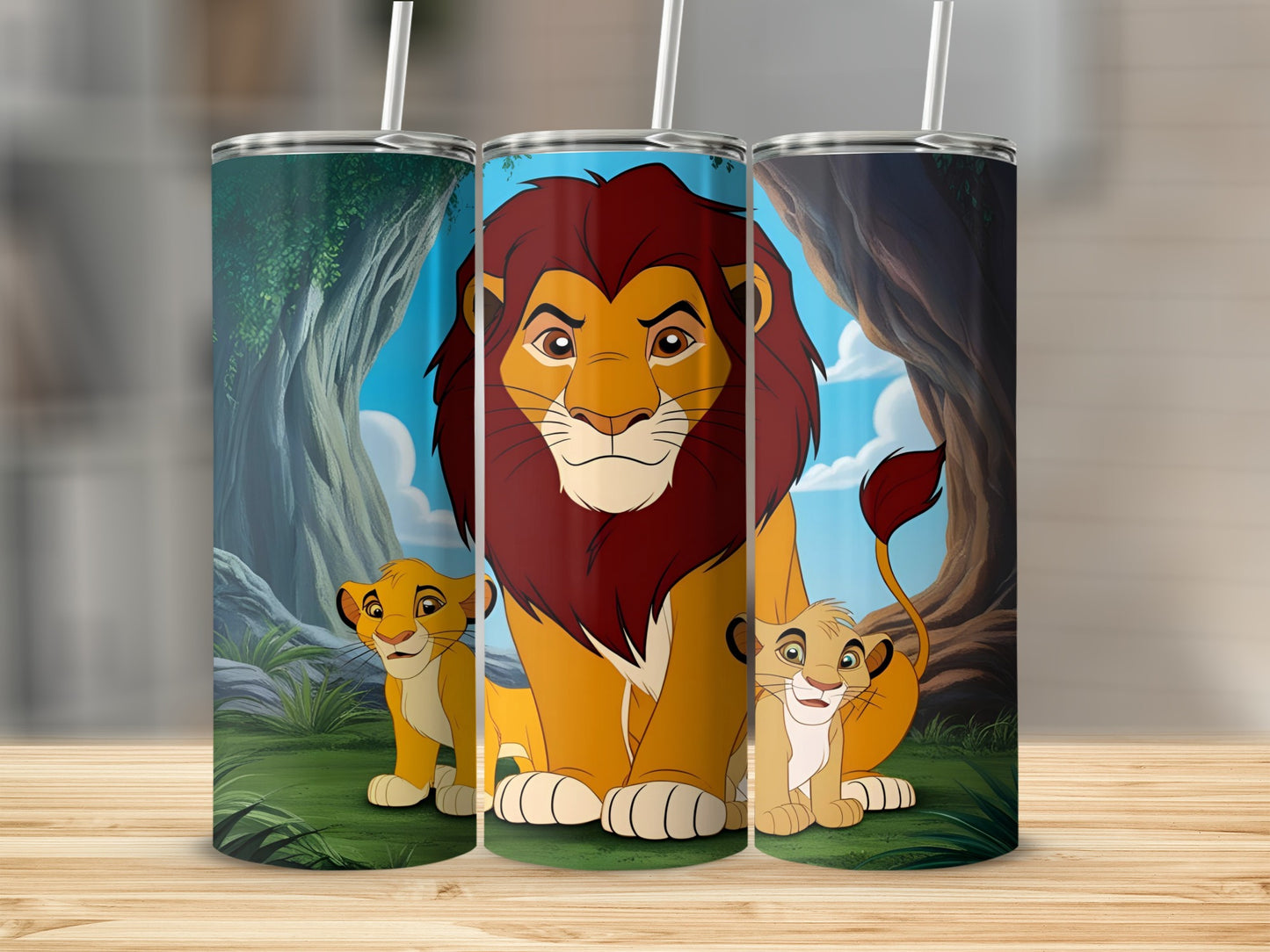 Lion King characters Simba and Mufasa on a tumbler design.