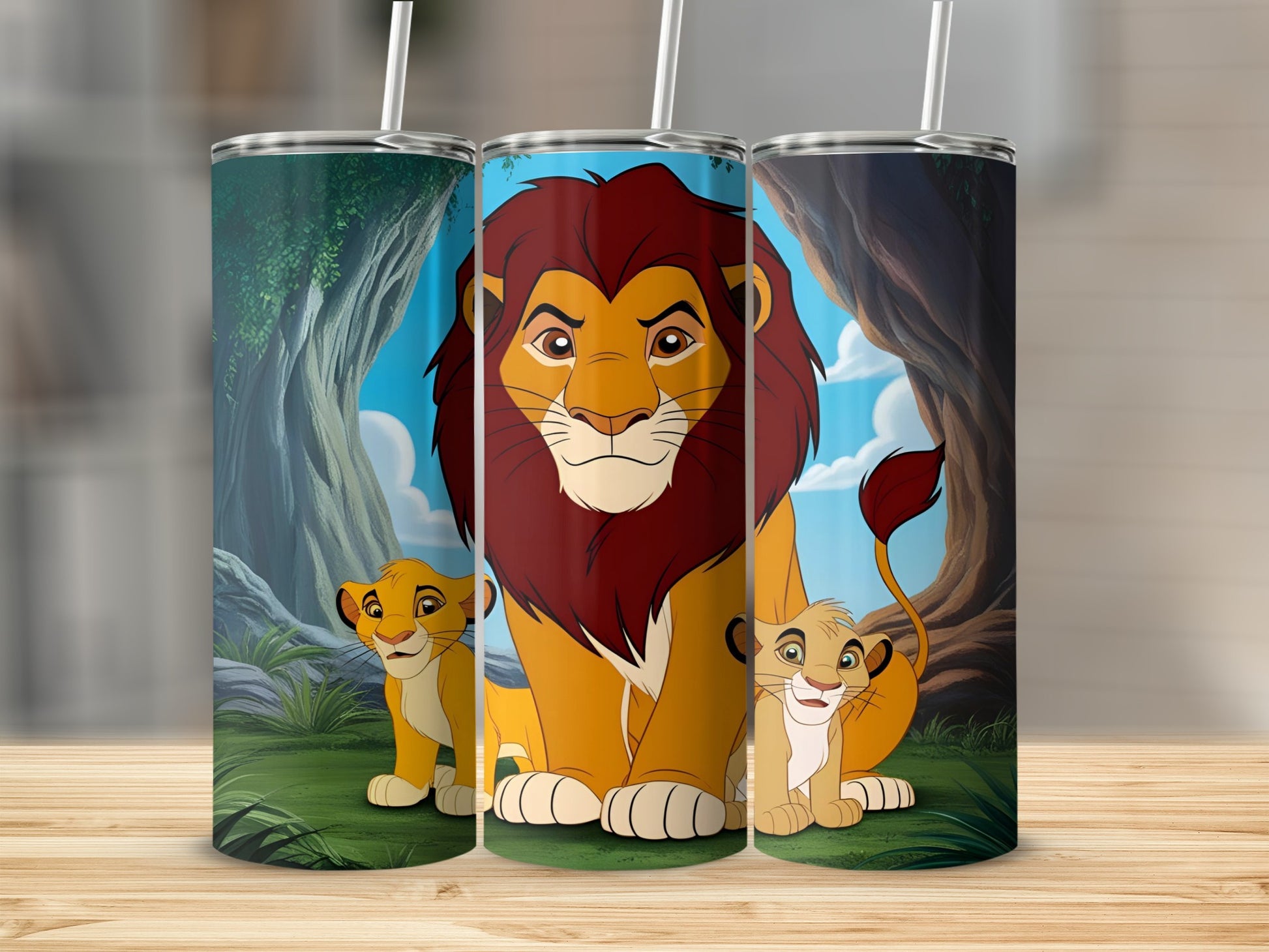 Lion King characters Simba and Mufasa on a tumbler design.