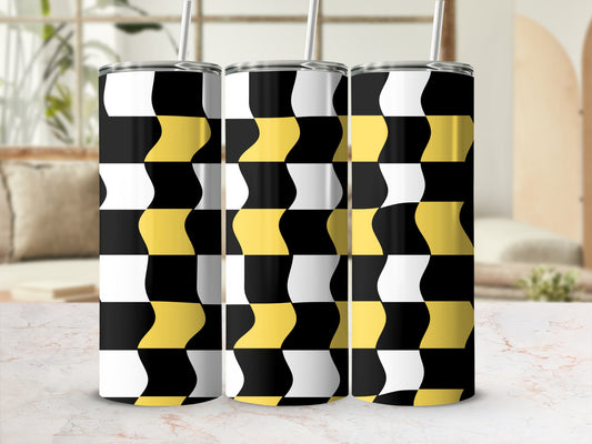 Three tumblers with a black, white, and yellow geometric wave pattern.