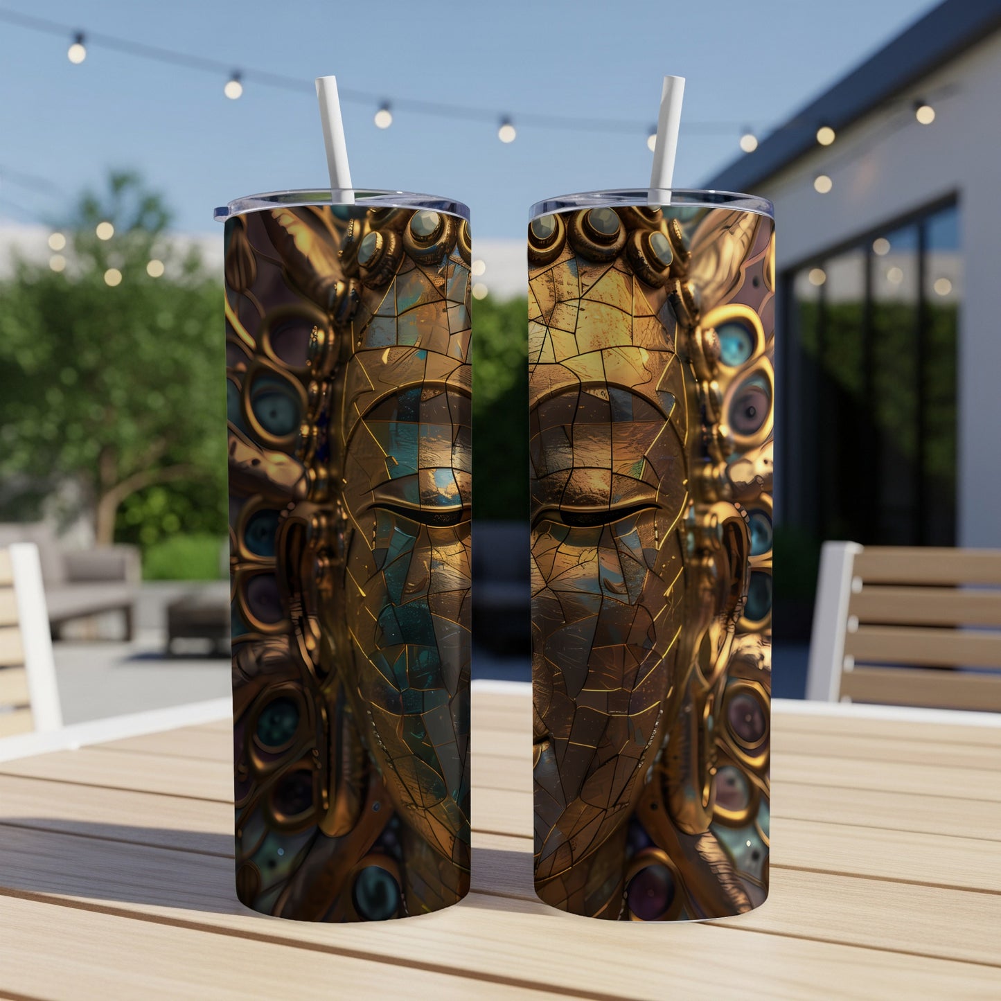 Two ornate, cracked gold Buddha face tumblers with straws on a wooden table.