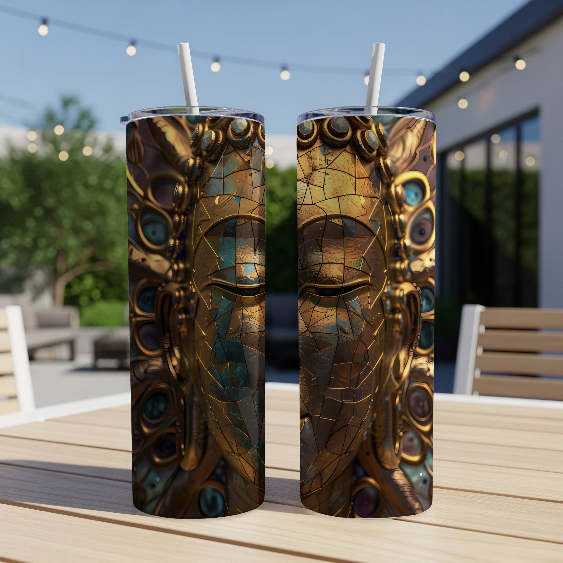 Two ornate, cracked gold Buddha face tumblers with straws on a wooden table.