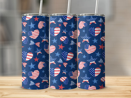 Three tumblers with blue background, red and white striped hearts, and stars.