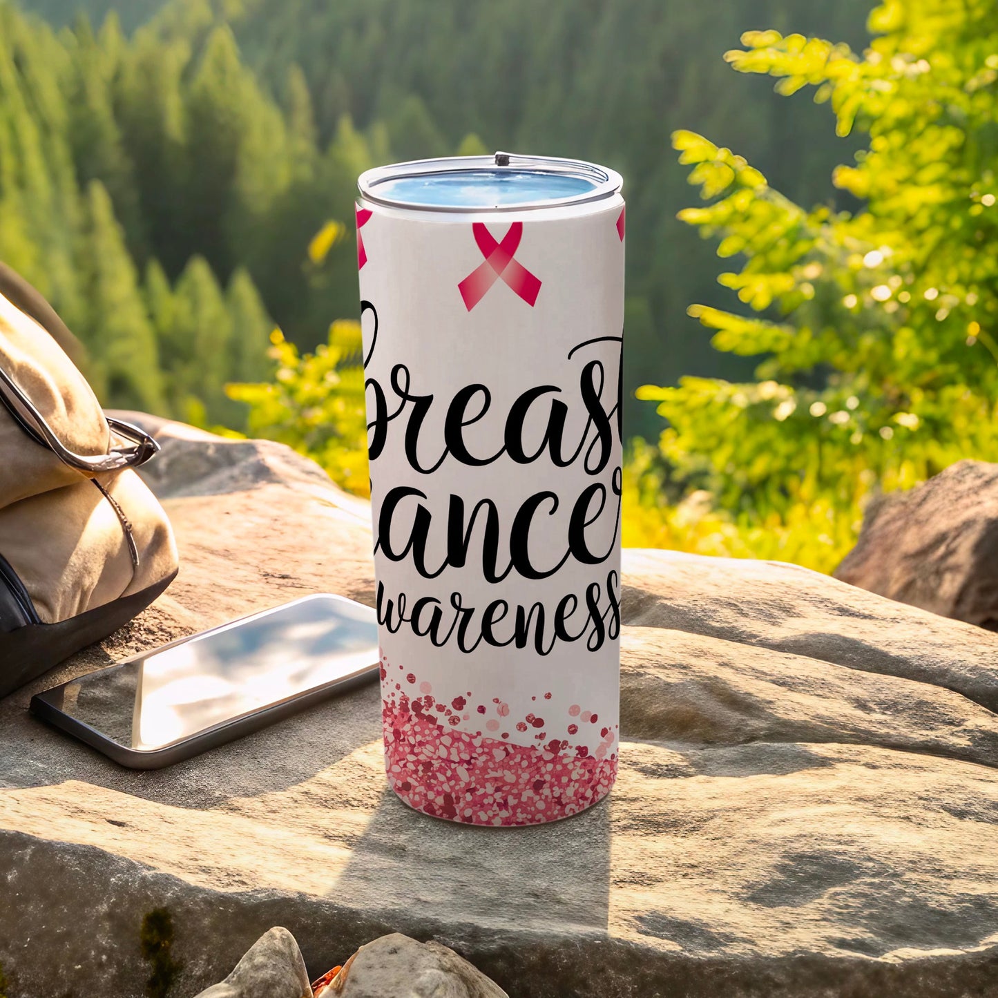 White tumbler with pink ribbon and "Breast Cancer Awareness" text.
