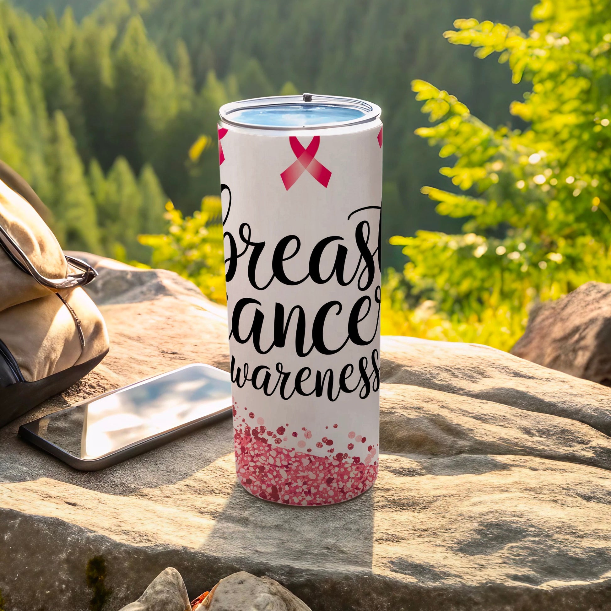 White tumbler with pink ribbon and "Breast Cancer Awareness" text.