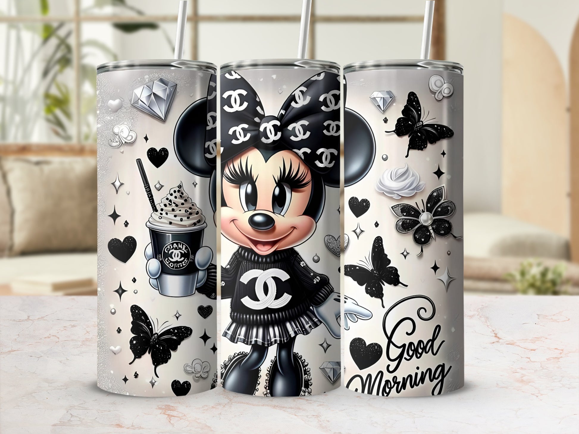 Cute Minnie Mouse Black and White Good Morning Tumbler
