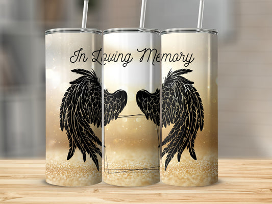 Three tumblers with "In Loving Memory" text and black angel wings.