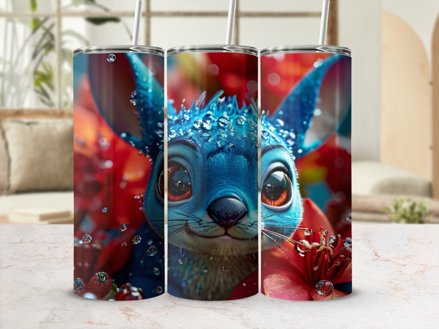 Blue cartoon creature with large eyes on a tumbler with floral accents.