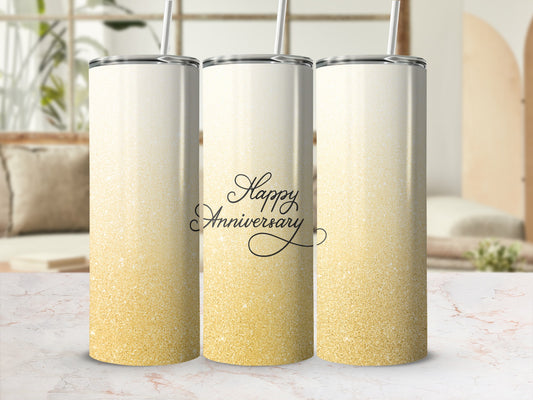 Graduated gold glitter tumbler with "Happy Anniversary" text.
