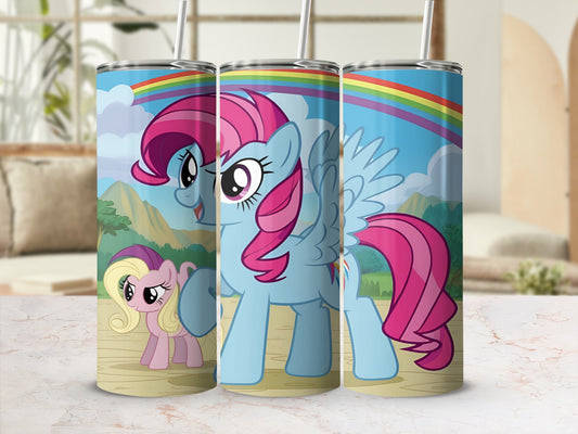 Blue cartoon pony with pink mane and tail and rainbow background.