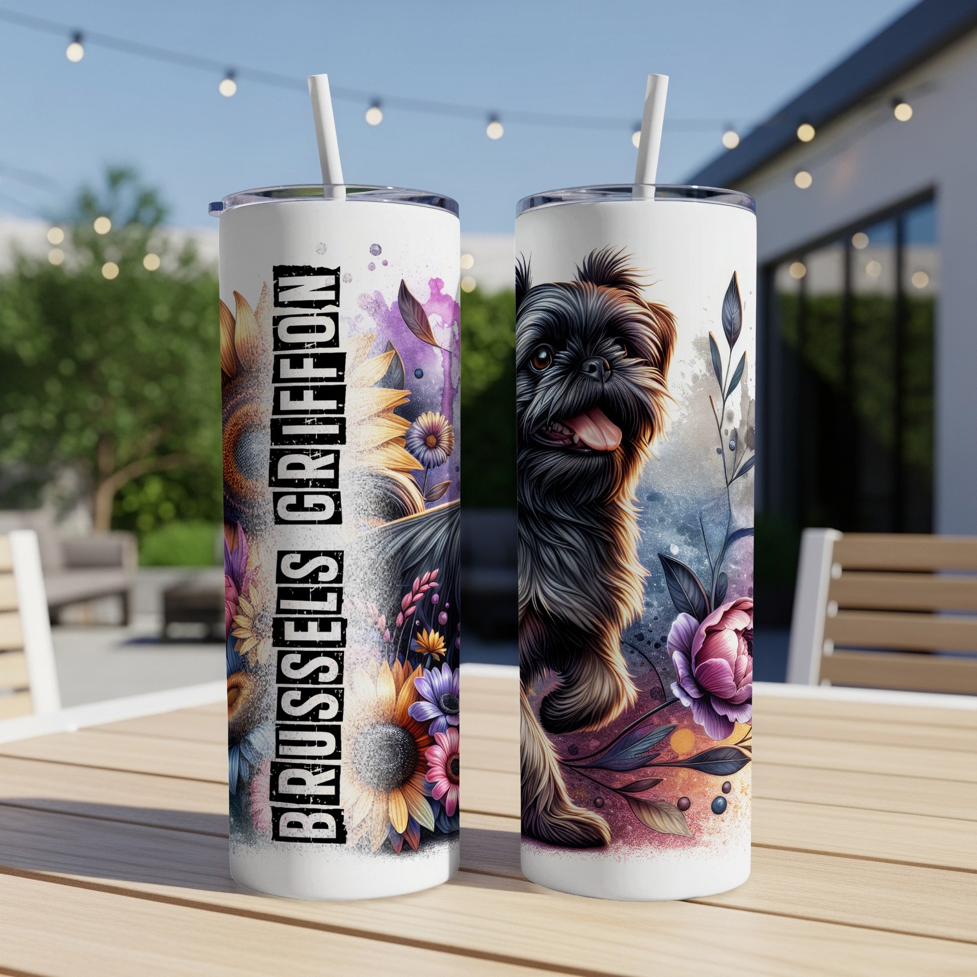 Brussels Griffon with flowers and sunflowers on a tumbler.