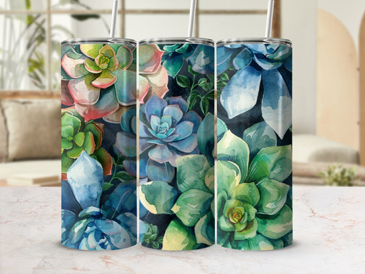 Three tumblers with colorful succulent plant designs.