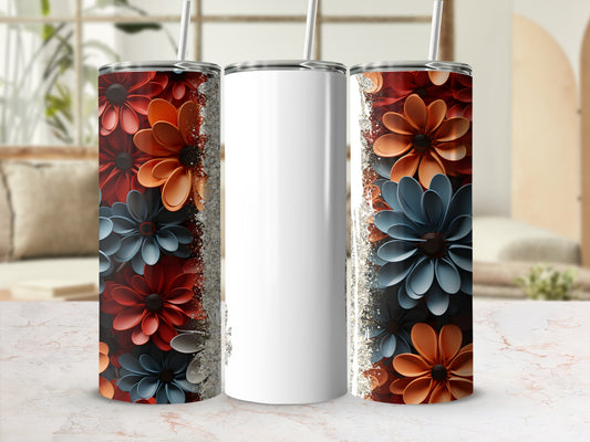Tumbler with floral pattern and glitter trim, blank for customization.