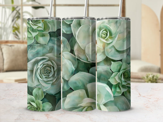 Three tumblers with a watercolor succulent floral pattern.