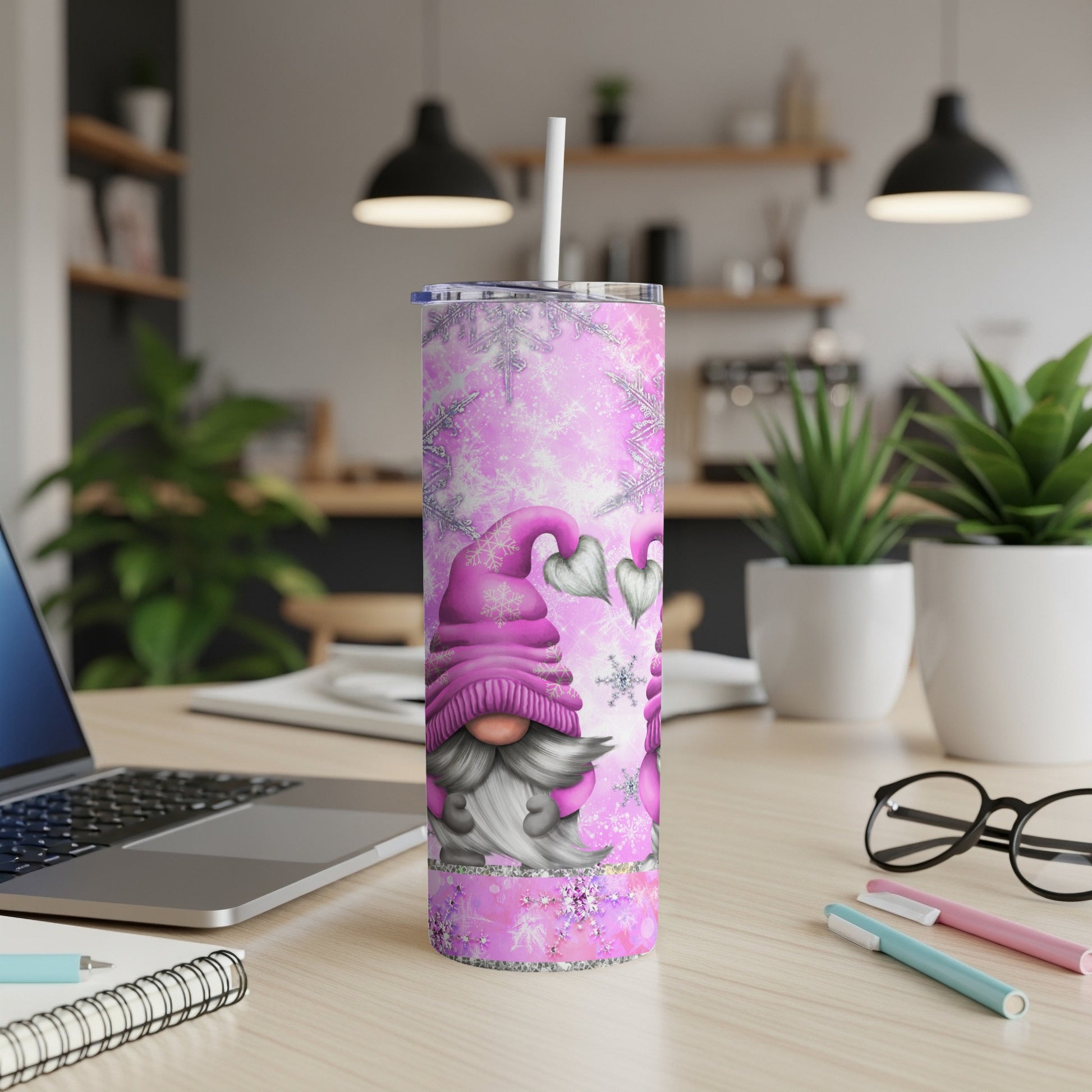 Pink gnome tumbler with snowflakes and hearts.