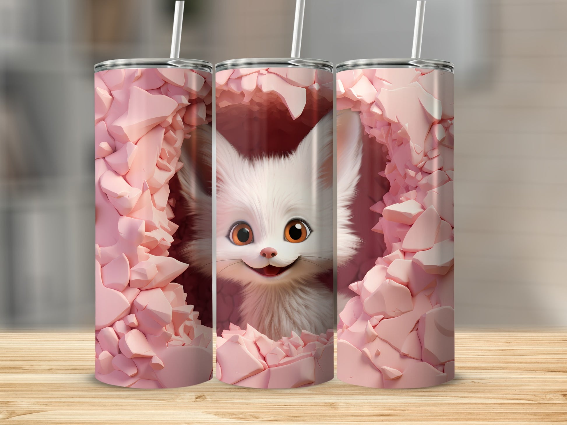 Cute White Furry Creature Pink Background Tumbler
