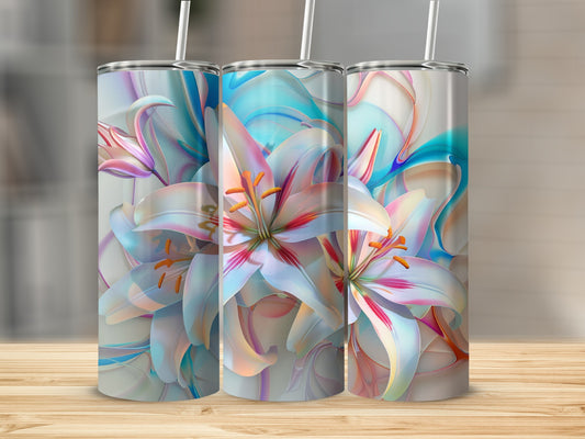 Three tumblers with abstract watercolor lily designs, each with a straw.
