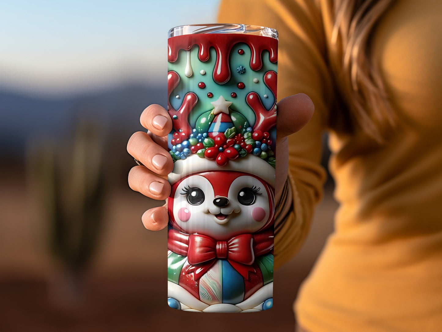 Cute Festive Penguin Design with Berries Travel Mug