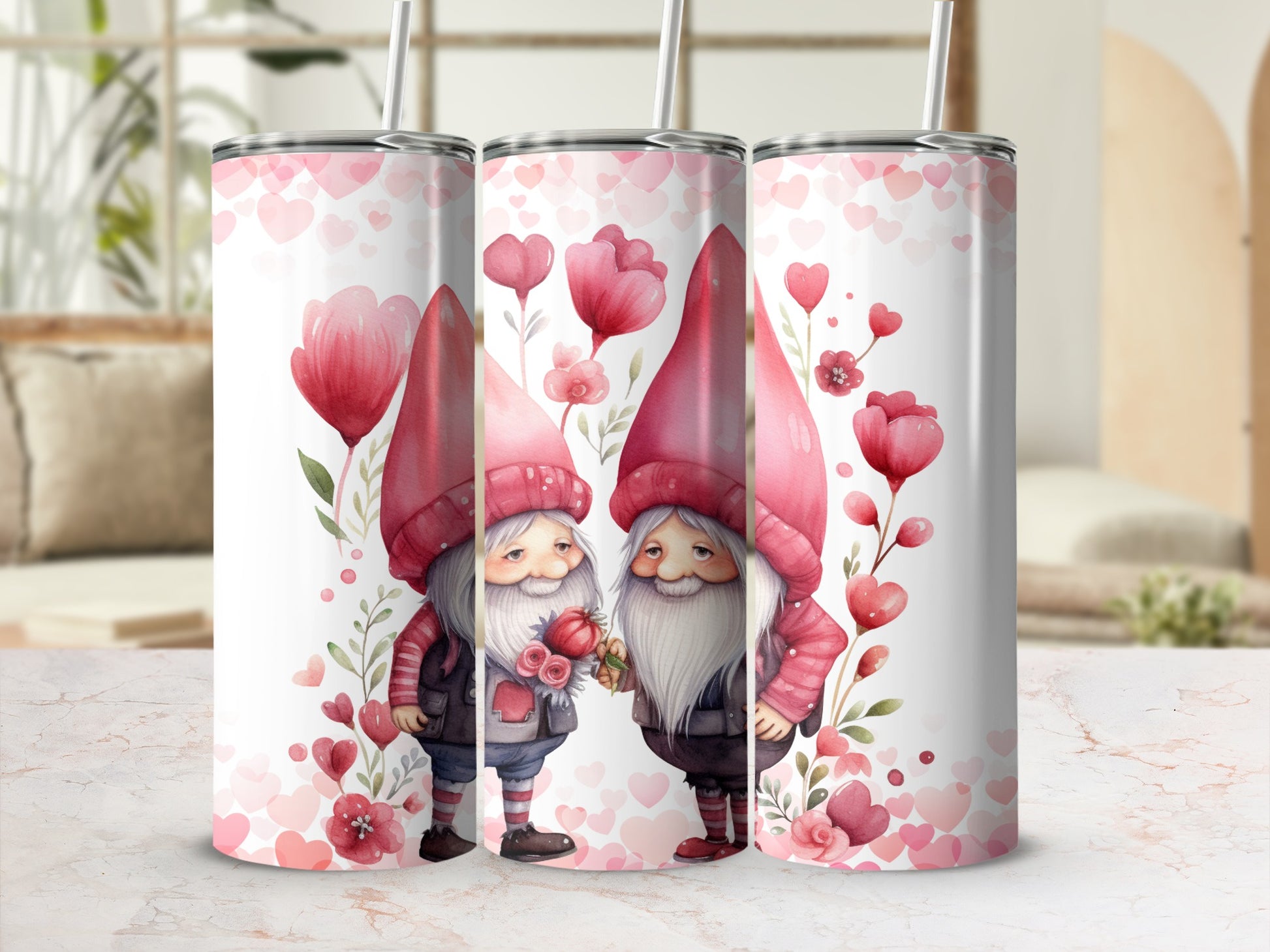 Adorable Valentine Gnome Tumbler with Heart Prints