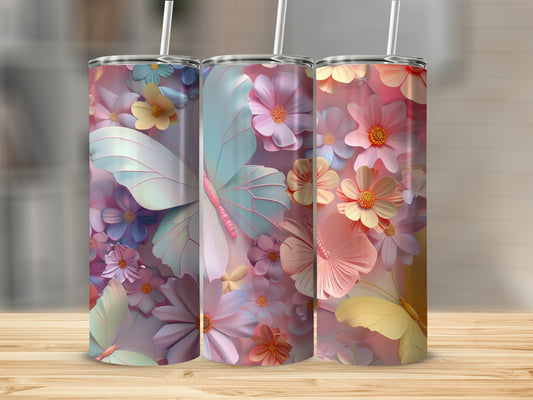 Three tumblers decorated with pastel butterflies and flowers.